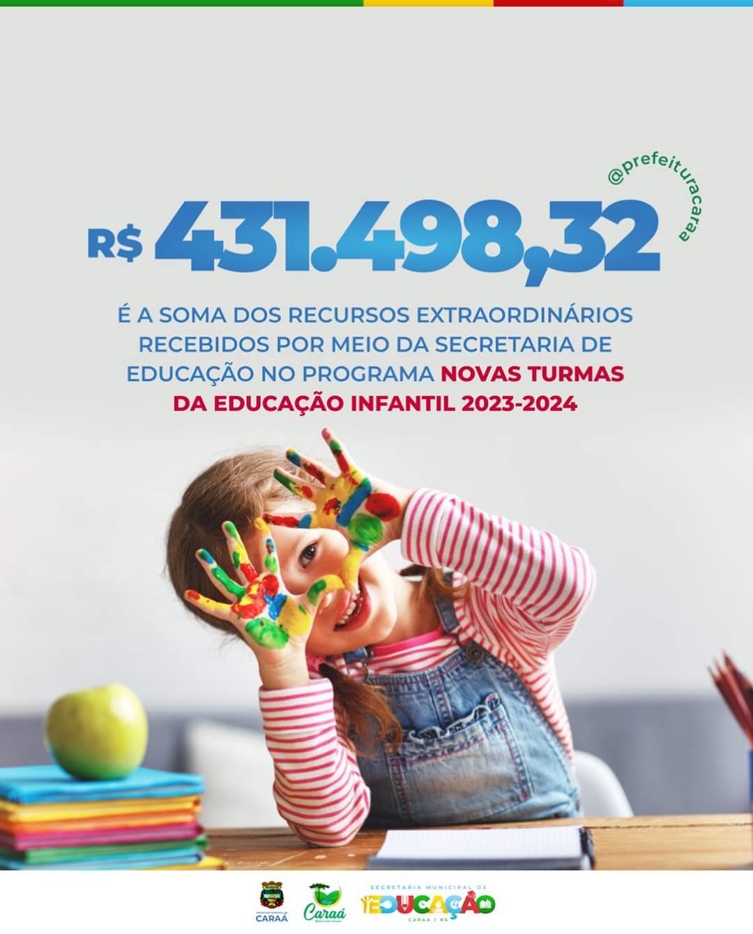 Caraá recebe R$ 431.498,32 em recursos destinados à ampliação do número de vagas na Educação Infantil 