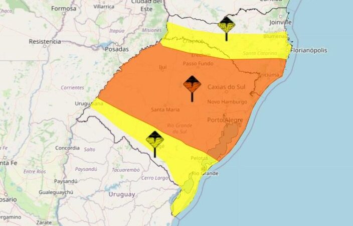 Inmet emite três alertas de tempestade e vento com rajadas de até 100 km/h no RS