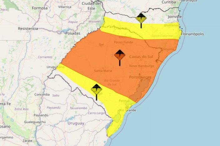 Inmet emite três alertas de tempestade e vento com rajadas de até 100 km/h no RS