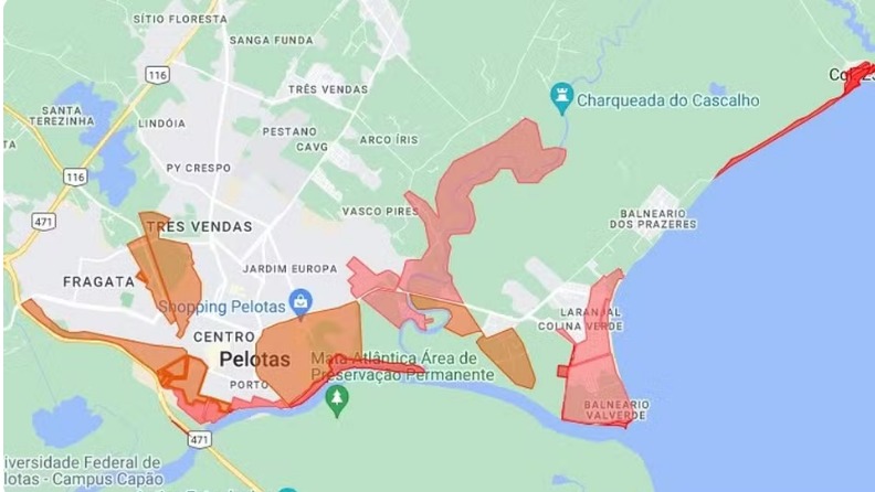 Mapa das áreas de risco divulgado pela prefeitura de Pelotas — Foto: Prefeitura de Pelotas/Divulgação