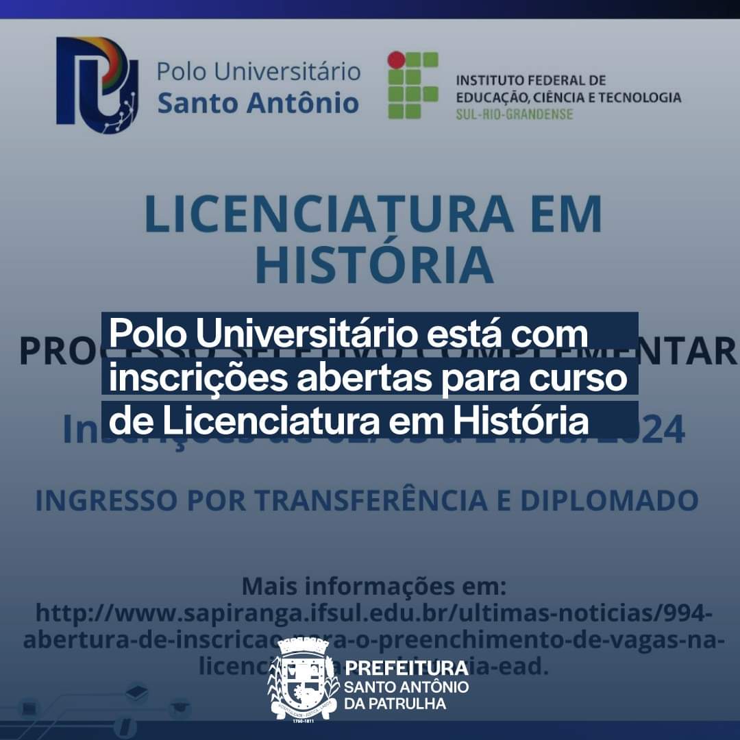 Polo Universitário Santo Antônio está com inscrições abertas para o curso de Licenciatura em História