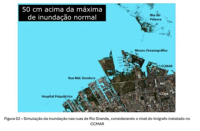 Imagem divulgada pela Furg simula como devem ser as inundações em Rio Grande. 