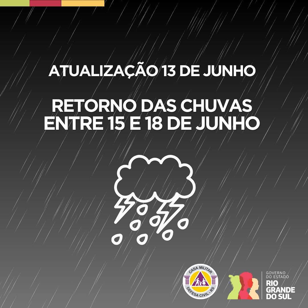 A Defesa Civil Estadual  segue monitorando o avanço de uma frente fria que trará chuvas ao RS entre os dias 15 e 18 de junho