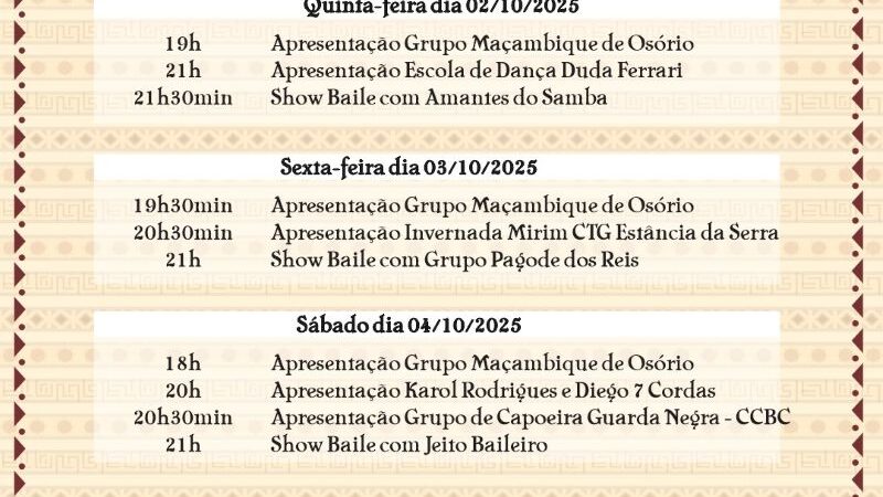 TRADICIONAL FESTA EM LOUVOR A NOSSA SENHORA DO ROSÁRIO E FESTA MAÇAMBIQUE INICIAM NO PRÓXIMO DIA 2 EM OSÓRIO