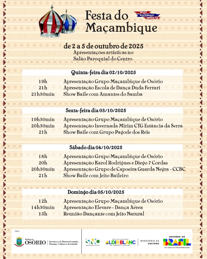 TRADICIONAL FESTA EM LOUVOR A NOSSA SENHORA DO ROSÁRIO E FESTA MAÇAMBIQUE INICIAM NO PRÓXIMO DIA 2 EM OSÓRIO