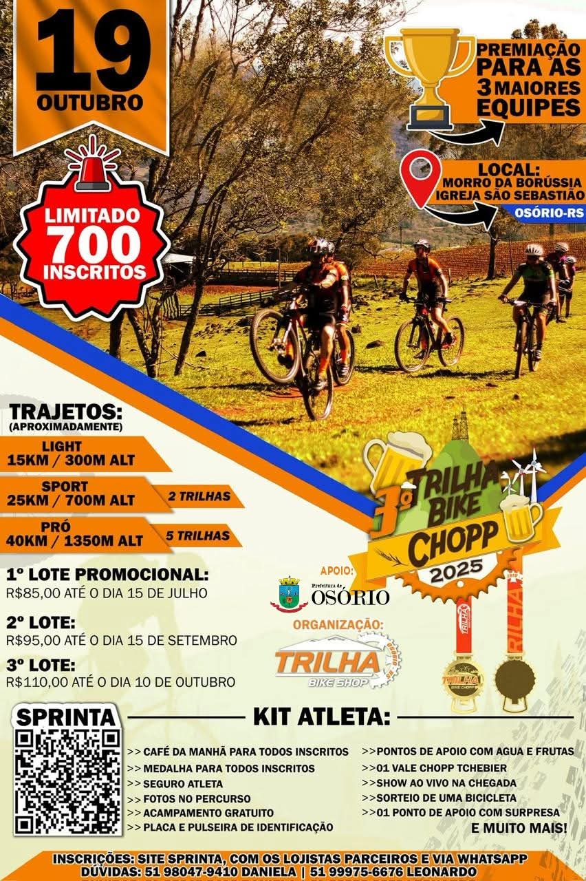 3º TRILHA BIKE CHOPP PROMETE AVENTURA E DIVERSÃO EM OSÓRIO
