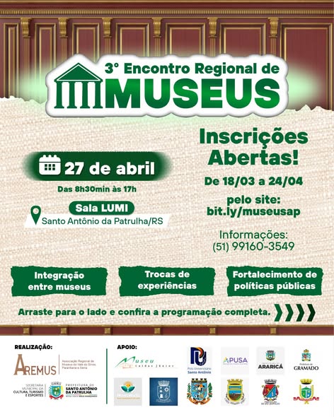 Santo Antônio da Patrulha recebe 3º Encontro Regional de Museus com inscrições abertas