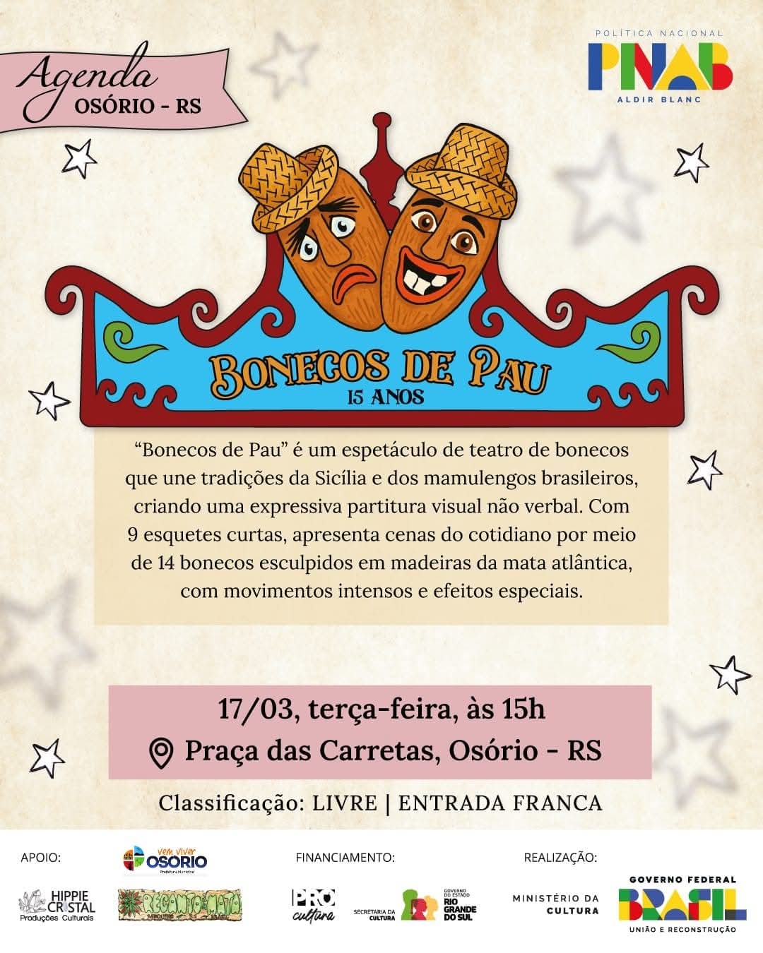 ESPETÁCULO “BONECOS DE PAU” CELEBRA 15 ANOS COM APRESENTAÇÃO GRATUITA EM OSÓRIO