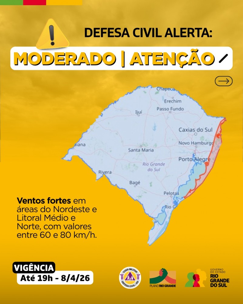Rajadas de vento fortes devem atingir áreas do Nordeste e dos litorais Médio e Norte do Rio Grande do Sul nesta quarta-feira