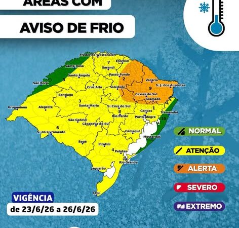 Defesa Civil do RS emite alerta máximo para temporais isolados com granizo seguidos de onda de frio intenso e marcas negativas