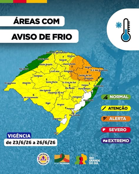 Defesa Civil do RS emite alerta máximo para temporais isolados com granizo seguidos de onda de frio intenso e marcas negativas