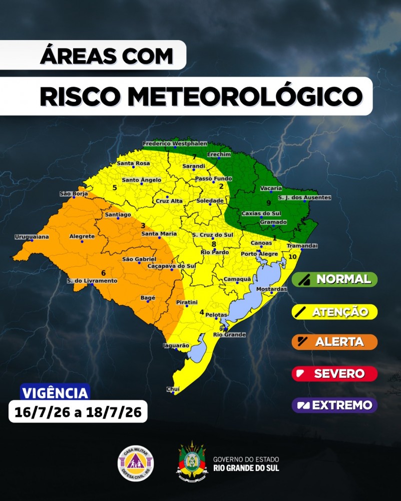 Rio Grande do Sul terá período de chuvas intensas e temporais a partir de quinta-feira 