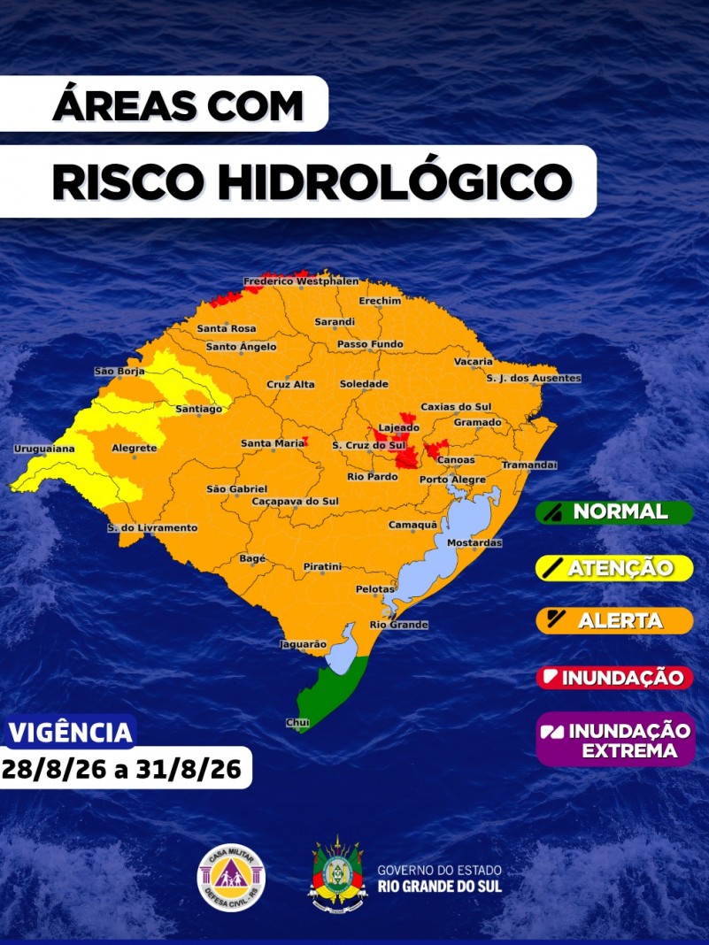Defesa Civil alerta para tempestades severas, risco de tornado e acumulados acima de 250 mm no RS