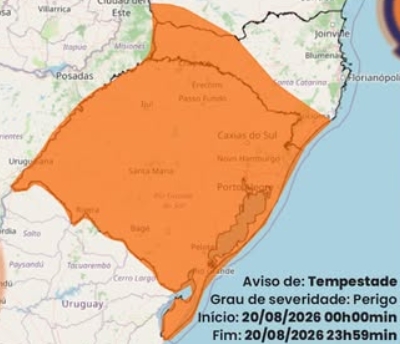 INMET emite alerta de tempestade com ventos de até 100 km/h para Osório e região