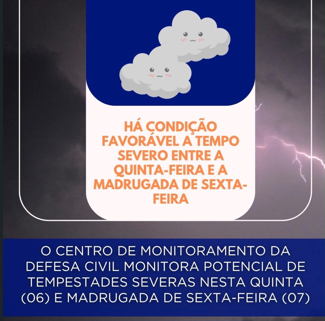 Previsão do tempo indica potencial para tempestades severas entre a quinta (6) e a madrugada de sexta (7)