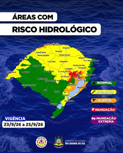 Defesa Civil alerta para risco de inundações após elevação dos rios no RS