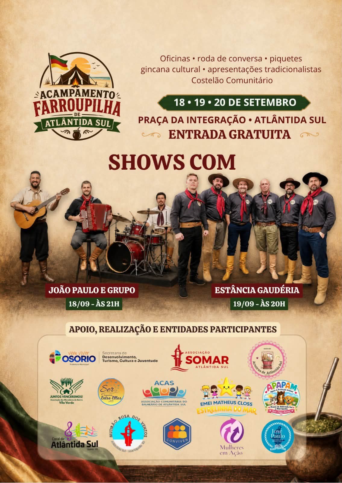 Acampamento Farroupilha de Atlântida Sul terá programação gratuita de 18 a 20 de setembro