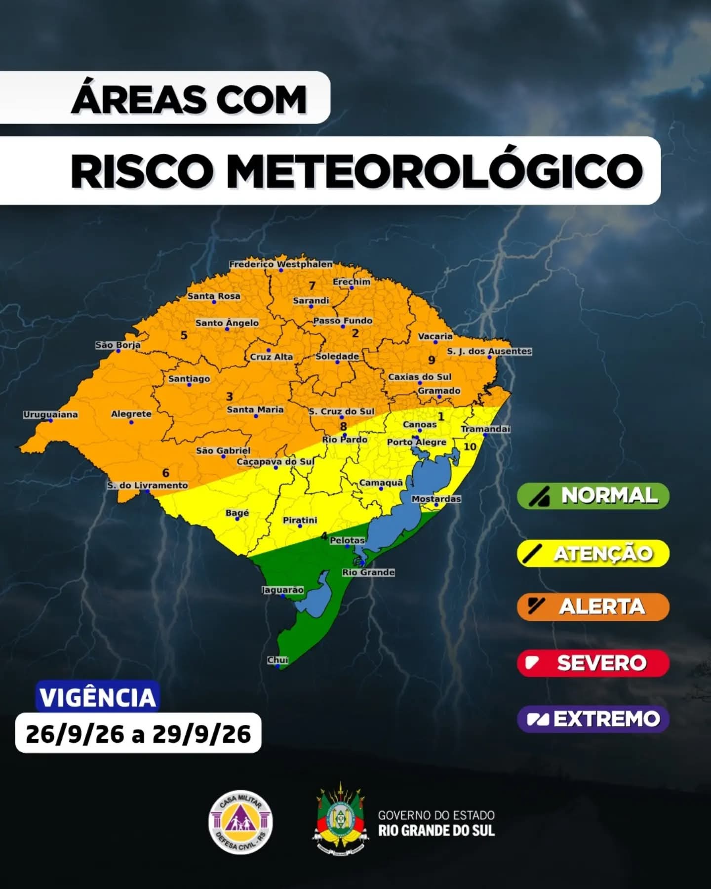 Defesa Civil alerta para risco de temporais severos no Litoral Norte na segunda-feira