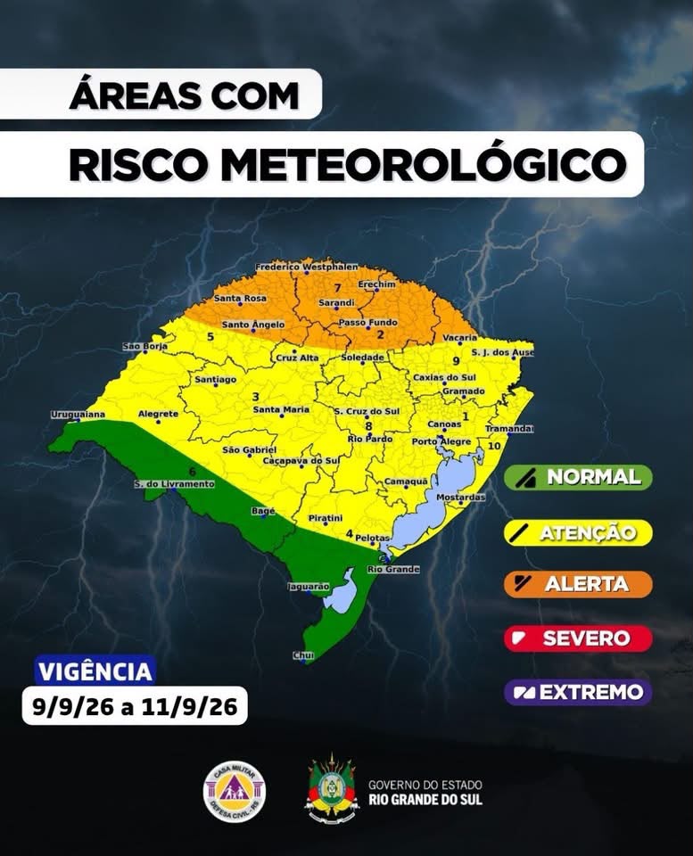 Defesa Civil alerta para temporais, granizo e ventos acima de 90 km/h no RS