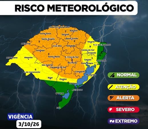 Defesa Civil alerta para temporais com granizo e ventos acima de 90 km/h no RS