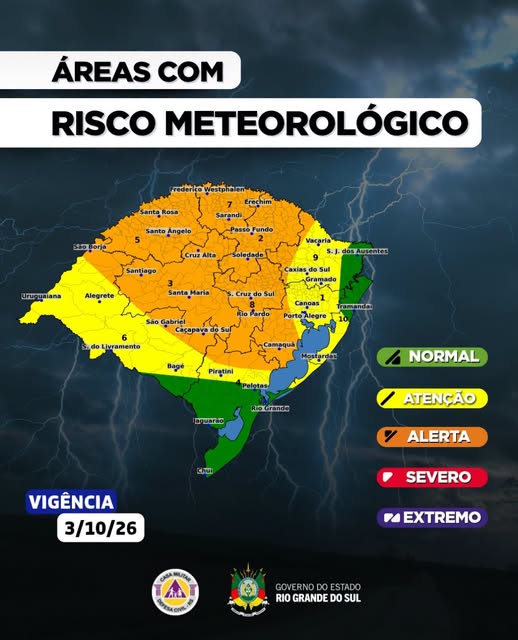 Defesa Civil alerta para temporais com granizo e ventos acima de 90 km/h no RS