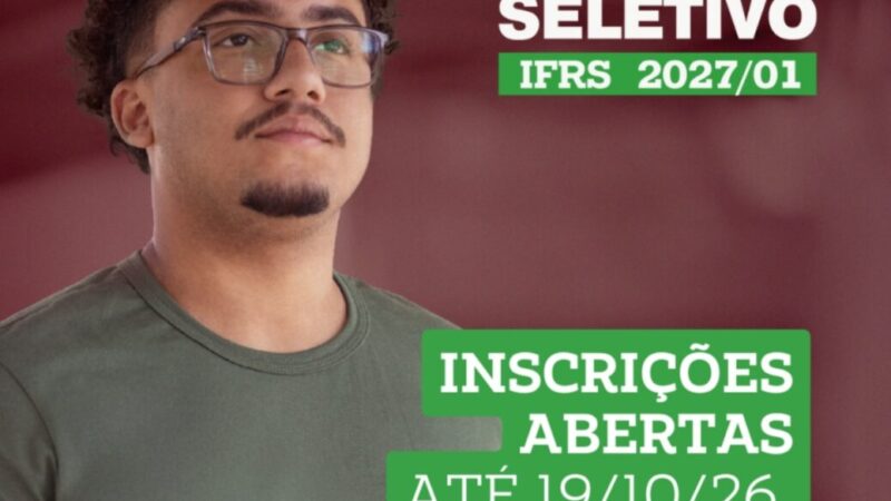 Vem estudar no IFRS – Campus Osório: inscrições para o Processo Seletivo de estudantes 2027/1 vão até 19 de outubro