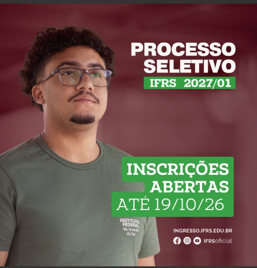 Vem estudar no IFRS – Campus Osório: inscrições para o Processo Seletivo de estudantes 2027/1 vão até 19 de outubro