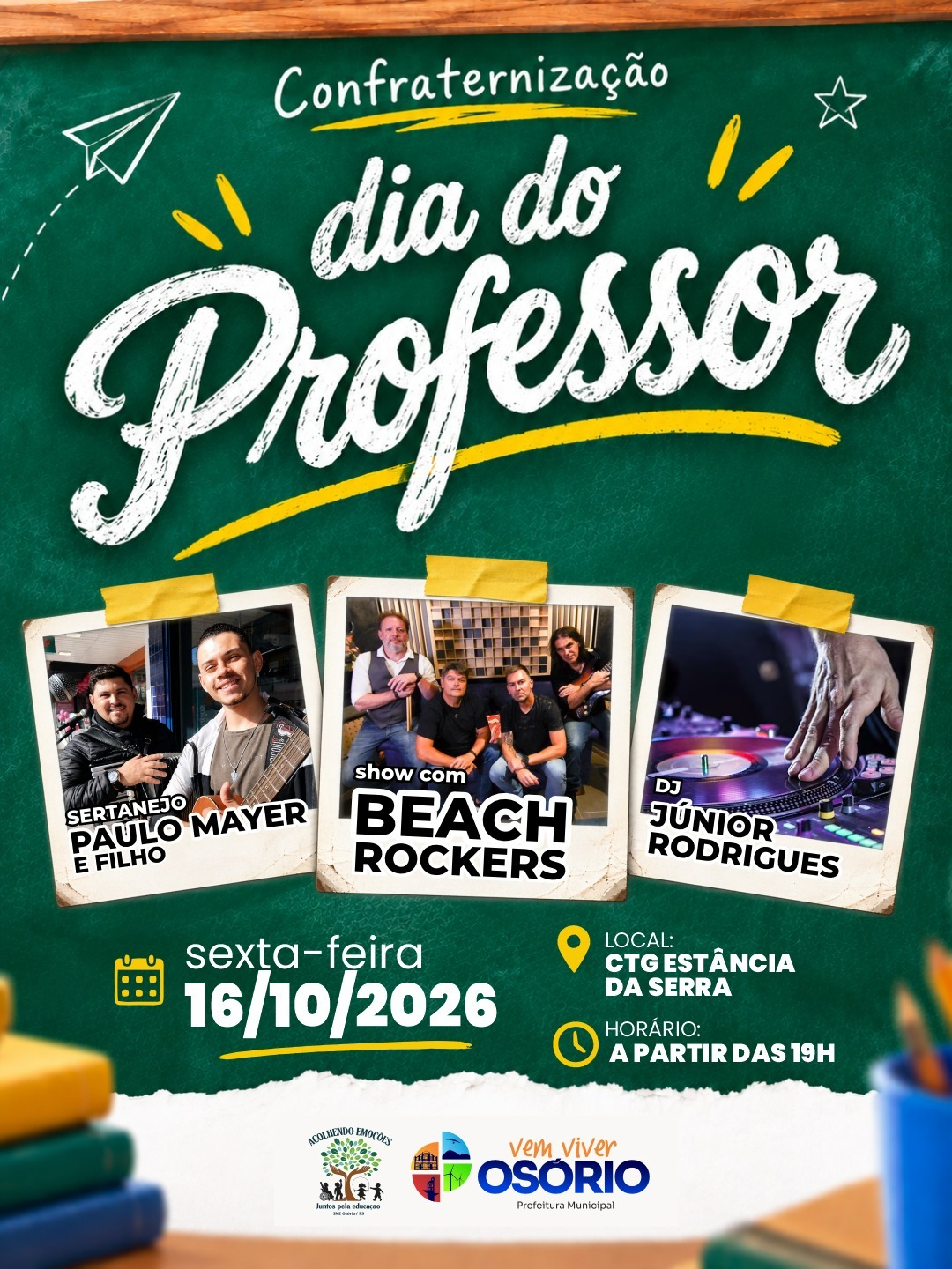 Dia do Professor será celebrado com show e confraternização em Osório